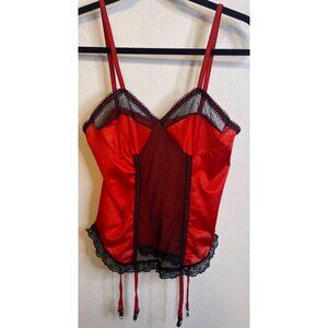 Vintage Nan Flower Black Red Mesh Nylon Bodysuit Garter Belt Lingerie MEDIUM